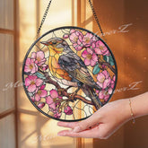Songbird Stained Glass Suncatcher, Round Yellow Bird Window Panel with Pink Cherry Blossoms, Nature Floral Home Decor Gift